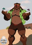 aloha_shirt anthro beach belly beverage bulge clothing coconut coconut_drink dreadlocks drupe_(fruit) eyewear food fruit glasses holding_object jewelry looking_at_viewer male musclegut muscular muscular_male necklace pattern_clothing pattern_shirt pattern_topwear pecs plant seaside shirt slightly_chubby solo standing tight_clothing topwear underwear 1ceberg bear mammal absurd_res hi_res