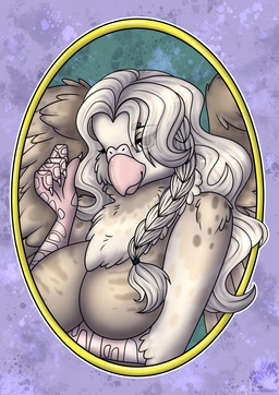 anthro beak big_breasts braided_hair breasts featureless_breasts female forearms hair long_hair non-mammal_breasts scaled_forearms scales scuted_arms scutes solo spots wings arwenscoots conditional_dnp mythology avian gryphon mythological_avian mythological_creature bust_portrait hi_res portrait