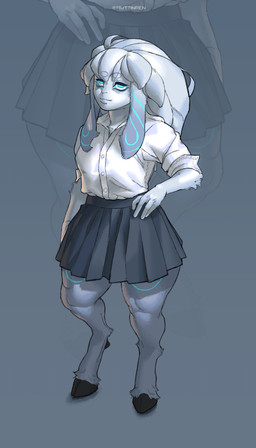 anthro asian_clothing blue_markings blue_pupils blue_sclera bottomwear breasts clothed clothed_anthro clothed_female clothing cloven_hooves collared_shirt dewclaw_hooves dipstick_ears dress_shirt ear_markings east_asian_clothing eye_through_hair eyebrow_through_hair eyebrows female female_anthro floppy_ears front_view fully_clothed fully_clothed_anthro fully_clothed_female fur fur_markings grey_background hair hand_on_hip hooves horizontal_pupils japanese_clothing japanese_school_uniform looking_at_viewer lop_ears markings mask_off maskless multicolored_ears pupils school_uniform shirt simple_background skirt solo standing text thick_thighs topwear translucent translucent_hair twitter_handle unguligrade uniform white_body white_eyes white_fur white_hair wide_hips ruttinren league_of_legends riot_games tencent kindred_(lol) lamb_(lol) bovid caprine mammal 2025 absurd_res artist_name colored digital_drawing_(artwork) digital_media_(artwork) full-length_portrait hi_res portrait shaded