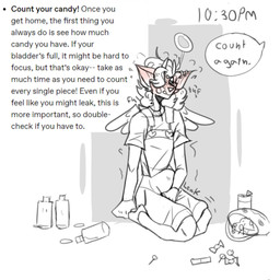 ambiguous_gender anthro bladder_bulge blush blush_lines bodily_fluids candy candy_bucket clothing costume cross cross_necklace dessert dialogue food genital_fluids halo hand_on_crotch holidays jack-o'-lantern jewelry kneeling leaking_urine male necklace offscreen_character omorashi onomatopoeia overalls solo sound_effects speech_bubble text time urine paddle-boat halloween angel_(paddle-boat) deer mammal 1:1 digital_drawing_(artwork) digital_media_(artwork) english_description english_text hi_res restricted_palette male_(lore)