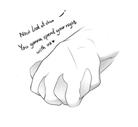 anthro biped claws close-up dialogue duo forced_hand_holding hand_holding hand_scar not_furry offscreen_female offscreen_male offscreen_sex paws scar text phosenpai pholi 2024 english_text greyscale monochrome