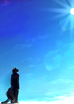 anthro clothed clothing day looking_up male outside sky solo standing sun macmegagerc canid canine canis mammal wolf 2016 hi_res