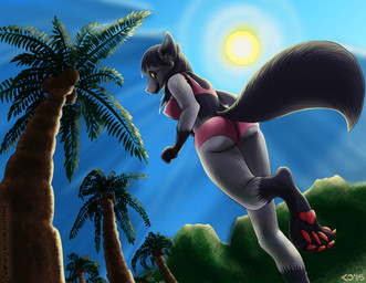 anthro anthrofied athletic_wear beach bra breasts butt clothing feet female flower fur hindpaw island jogging midriff nipple_outline outside palm_tree paws perspective pink_bra pink_clothing pink_sports_bra pink_underwear plant rose_(flower) running seaside smile solo sports_bra sports_panties sun tree underwear lessthan3 nintendo pokemon canid canine generation_3_pokemon mammal mightyena pokemon_(species) digital_media_(artwork)