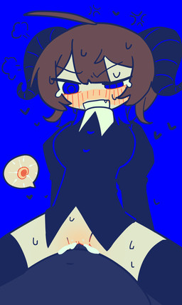 big_breasts blue_background bottomless breasts clothed clothing cross-popping_vein duo female genitals horn impregnation male not_furry ovum simple_background sperm_cell vulva toumei_tou utau horned_humanoid humanoid 3:5 absurd_res hi_res