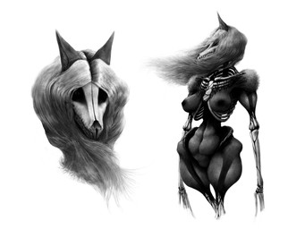 anthro bone creepy female floating grey_body grey_hair hair horror_(theme) long_hair rib_cage skeleton skull skull_head solo supernatural translucent translucent_body mikelocesterlanders canid canine ghost mammal spirit 4:3 absurd_res hi_res monochrome sketch