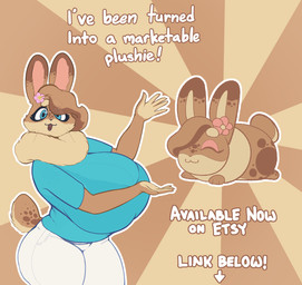 5_fingers accessory advertisement anthro big_breasts blue_clothing blue_eyes blue_shirt blue_topwear bottomwear bra_lines breasts cat_smile cleavage_outline clothing dewlap_(anatomy) eyelashes eyes_closed eyeshadow female feral fingers flower flower_in_hair freckled_face freckled_tail freckles hair hair_accessory hair_over_eye huge_breasts huge_thighs lying makeup markings on_front open_mouth outline pants pattern_background pink_eyeshadow plant plushie shirt simple_background solo spots spotted_markings tail text thick_thighs topwear white_bottomwear white_clothing white_outline white_pants shakotanbunny hazel_(shakotanbunny) domestic_rabbit flemish_giant lagomorph leporid mammal oryctolagus rabbit absurd_res english_text hi_res