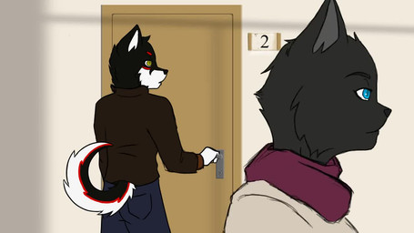 anthro awkward blue_eyes chatting clothed clothing dialogue door duo embarrassed female humor inviting_to_sex male male/female number oh_my_god room_number smile walking foxxj aurawolf_(va) zikaur_(va) desmond_(grimsdale) venom_(grimsdale) canid canine canis domestic_cat domestic_dog felid feline felis mammal wolf 16:9 animated long_playtime sound video voice_acted widescreen