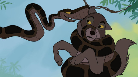 arms_bent coiling duo eyebrows female feral fluffy fluffy_tail male male/female markings restrained restrained_neck snout_grab spots spotted_markings tail tail_embrace whispering_in_ear yellow_eyes strykertv the_jungle_book kaa_(jungle_book) raksha_(jungle_book) canid canine canis indian_python mammal python reptile scalie snake wolf source_request unavailable_at_source