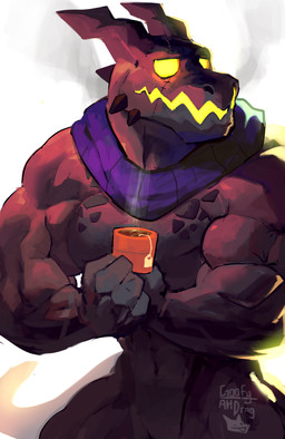 2_horns anthro beverage biceps big_muscles container cup empty_eyes glowing glowing_eyes glowing_mouth head_horn head_ridge head_scar holding_container holding_cup holding_object horn looking_aside male mostly_nude muscular muscular_male open_mouth orange_container purple_scarf red_body red_scales scales scar scarf scarf_only solo steam surgical_scar tail tea text worried goofyahdragons scalie 2024 artist_name hi_res portrait three-quarter_portrait