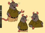 anthro biped bottomwear clothing male mature_male open_mouth pants shirt simple_background slightly_chubby solo topwear pocketbutch disney pixar ratatouille django_(ratatouille) mammal murid murine rat rodent 2024 hi_res