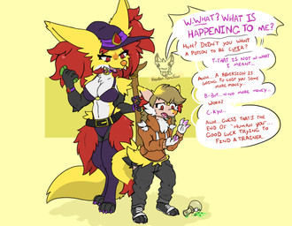 anthro blonde_hair brown_hair claws duo fangs feet female fur fur_growth growth hair human_to_anthro loss_of_speech magic mid_transformation paws potion red_eyes sharp_teeth shoe_burst snout snout_growth species_transformation tail teeth text toe_claws toes transformation transformation_potion hayden_fencfoxo nintendo pokemon braixen canid delphox generation_6_pokemon human mammal pokemon_(species) absurd_res english_text hi_res
