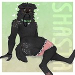 anthro anus backsack balls black_body black_fur blush bracelet butt clothing clothing_around_legs collar collar_tag cute_fangs fangs floppy_ears freckles fur genitals green_eyes heart_collar_tag heart_pupils heart_symbol jewelry leash leash_in_mouth male object_in_mouth pawpads slim_male smile solo sticker stickers_on_body tail tail_anus tail_motion tailwag teeth underwear underwear_around_legs cerberussenn nyan_cat_(copyright) domo-kun nyan_cat shasta_chirmann_(cerberussenn) bird_dog canid canine canis domestic_dog hunting_dog labrador mammal retriever 1:1 absurd_res hi_res meme