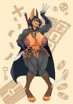abs anthro areola belt biceps big_areola big_breasts big_nipples bikini bikini_thong black_body black_fur breasts butt butt_from_the_front claws clitoris cloak clothing curvy_figure dagger dreadlocks female fingerless_gloves fur genitals gloves green_eyes handwear holding_object holding_weapon hood huge_areola huge_breasts knife kukri melee_weapon micro_bikini muscular muscular_anthro navel nipples orange_body orange_fur pouch_(clothing) pussy_floss simple_background smile solo swimwear sword teeth thick_thighs thong two-piece_swimsuit underwear vein veiny_arms veiny_muscles voluptuous vulva weapon wide_hips sin'twais canid canine canis dobermann domestic_dog mammal pinscher absurd_res digital_media_(artwork) hi_res