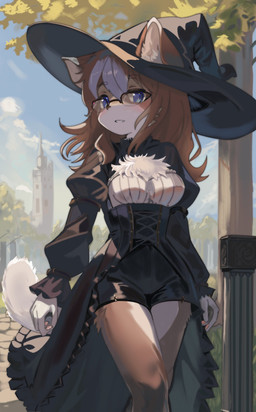 anthro black_clothing black_dress blue_eyes breasts brown_body brown_fur brown_hair chest_tuft clothed clothing countershading dress eyewear female front_view fully_clothed fur glasses hair hat headgear headwear outside small_breasts solo tuft witch_hat kemo_yuki tani_(iterativefluff) domestic_cat felid feline felis mammal absurd_res hi_res