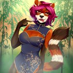 anthro asian_clothing breasts chinese_clothing chinese_dress cigarette cleavage_cutout clothing cutout dress east_asian_clothing female fluffy fluffy_tail hair nipples pink_hair smoke solo tail yellow_eyes moirah ailurid mammal red_panda 1:1 absurd_res hi_res