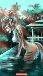 anthro breasts female half-closed_eyes narrowed_eyes nipples nude open_mouth outside poolside solo text water wet kiaun felid feline mammal pantherine tiger 2019 9:16 digital_drawing_(artwork) digital_media_(artwork) hi_res signature url