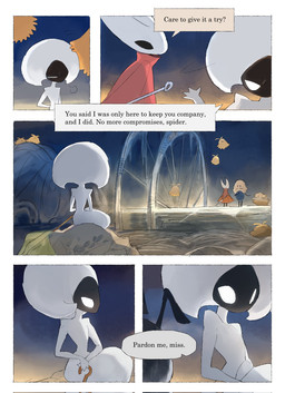 anthro biped black_body black_eyes cloak clothing detailed_background dialogue empty_eyes female female_anthro female_humanoid group hornet's_needle mouthless red_cloak red_clothing sitting solo_focus speech_bubble talking_to_another text white_body white_eyes darkdog hollow_knight:_silksong hollow_knight_(franchise) team_cherry hornet_(hollow_knight) lace_(hollow_knight:_silksong) mooshka_(hollow_knight:_silksong) seth_(hollow_knight:_silksong) vog_(hollow_knight:_silksong) arthropod flea_(hollow_knight:_silksong) humanoid 2025 comic digital_drawing_(artwork) digital_media_(artwork) english_text hi_res
