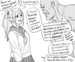 2020 baalbuddy bottomwear clothed clothing comic duo elf english_text female hair hi_res humanoid humanoid_pointy_ears humor male monochrome not_furry open_mouth open_smile orc pointy_ears ponytail school_uniform seldaana shirt skirt smile text topwear tusks uniform