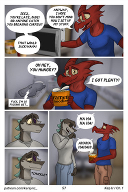 anthro appliance dialogue dorm_room dormitory food kitchen_appliance laugh male microwave_oven motion_lines noodles ramen text kersync godzilla_(series) toho rodan_(toho) rody_(kersync) zill_(kersync) zilla 2025 2:3 absurd_res comic english_text hi_res url