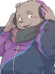 anthro blush clothed clothing cute_fangs electronics fangs headphones humanoid_hands kemono male overweight overweight_male scarf simple_background solo teeth dv-ch bear mammal 2019 hi_res