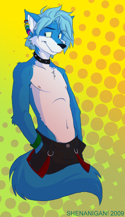 abstract_background anthro biped black_bottomwear black_clothing black_eyes black_nose black_pants blue_body blue_fur blue_hair blue_tail bondage_pants bottomwear bracelet chest_tuft clothed clothing collar collarbone denim denim_bottomwear denim_clothing ear_piercing fluffy fluffy_tail front_view fur green_bracelet hair jeans jewelry male multicolored_body multicolored_fur navel nipples pants piercing pink_nipples rainbow rainbow_piercings shorts slim slim_male smile snout solo standing straps studded_collar studs tail topless tuft two_tone_body two_tone_fur white_body white_fur shenanigan canid canine fox mammal 2009 colored half-length_portrait portrait