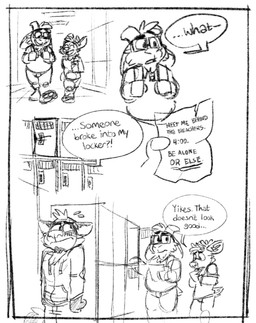 3_toes anthro barefoot blush bodily_fluids bullying clothing crush damaged_objects dialogue embarrassed eyewear feet glasses group hoodie laugh locker male male/male note overweight overweight_male sweat text toes topwear underline tinydeerguy darwin_(tinydeerguy) gary_(tinydeerguy) sam_(tinydeerguy) bovid caprine deer goat mammal procyonid raccoon comic english_text hi_res monochrome sketch