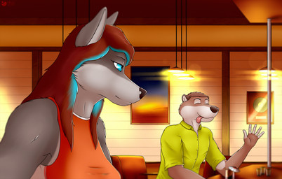 alcohol anthro bar beverage blue_eyes brown_body brown_fur cafe clothing detailed_background drunk duo fur glass green_clothing green_shirt green_topwear greeting grey_body grey_fur hair humanoid_hands inside photo red_hair shirt smile substance_intoxication tongue topwear conditional_dnp krazykurt kelani maria_fon_belov canid canine fox hybrid kangaroo macropod mammal marsupial mustelid otter absurd_res hi_res