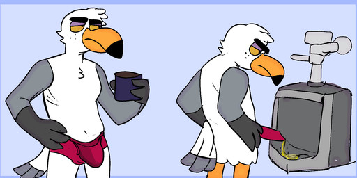 anthro beverage bodily_fluids briefs bulge clothing coffee coffee_mug erection genital_fluids male morning_wood peeing rumor_the_seagull solo underwear urinal urine rumortheseagull avian bird gull lari larid hi_res