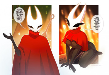 2_horns 5_fingers biped black_body black_eyes black_text bodily_fluids breasts cloak clothed clothing dialogue empty_eyes eyelashes female fingers horn kneeling nipples red_cloak red_clothing solo speech_bubble sweat sweatdrop talking_to_viewer text weapon weapon_on_back whisperingstone hollow_knight_(franchise) team_cherry hornet_(hollow_knight) arthropod humanoid 2026 english_text hi_res