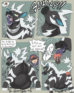 abdominal_bulge almost_fully_inside belly big_belly bodily_fluids body_in_mouth bone_imprints bones_in_stomach burping burping_up_clothing butt digestion digestion_noises dripping feral fully_inside human_prey interspecies mouth_shot neck_bulge open_mouth oral_head_gulp oral_vore pokephilia quadruped rumbling_stomach saliva saliva_drip saliva_on_tongue saliva_string swallowing swallowing_sound_effect text tongue tongue_out vore arkailart nintendo pokemon equid equine generation_5_pokemon human mammal pokemon_(species) zebra zebstrika 4:5 absurd_res comic english_text hi_res sequence