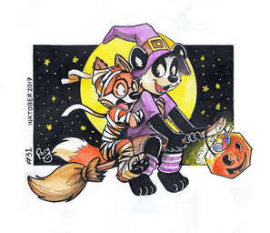 anthro black_body black_fur black_nose black_pawpads broom broom_riding cleaning_tool clothed clothing crossdressing duo eyewear fangs fur glasses glistening glistening_eyes hat head_tuft headgear headwear legwear male open_mouth open_smile orange_body orange_fur pattern_clothing pattern_legwear pawpads purple_clothing purple_shirt purple_t-shirt purple_topwear red_tongue round_glasses scared shirt smile striped_clothing striped_legwear stripes t-shirt teeth tongue topwear tuft white_body white_fur witch_hat young young_anthro young_male pandapaco parinton bear canid canine fox giant_panda mammal red_fox true_fox