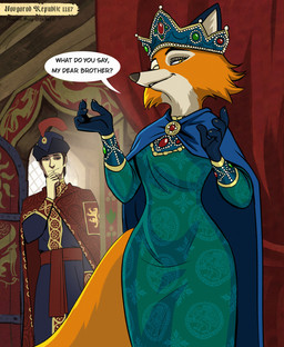 anthro blue_cloak blue_clothing bracelet breasts brooch claws cloak clothing crown dialogue door dress duo emerald_(gem) female fur gem green_clothing green_dress hat hat_feather headgear headwear inside jewelry loose_feather male narrowed_eyes open_door orange_body orange_fur orange_tail standing tail tan_body tan_fur text yellow_eyes sir_paulus lisabeth_(lord_paulus) pavel_(sir_paulus) canid canine canis fox human mammal english_text hi_res
