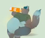 anthro belly belly_inflation beverage big_belly biped blue_body blue_fur bodily_fluids bottomwear clothed clothing double_chin drinking fur grey_body grey_fur holding_beverage holding_object inflation male midriff moobs navel obese obese_anthro obese_male open_bottomwear open_clothing open_pants orange_soda overweight overweight_anthro overweight_male pants sitting smile soda soda_inflation solo sweat sweatdrop yolany canid canine fox mammal