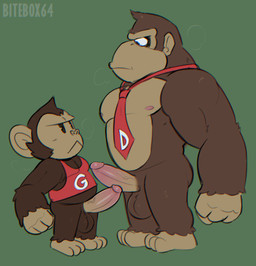 anthro balls big_penis bottomless clothed clothing duo erection eye_contact fist genitals green_background humanoid_genitalia humanoid_penis larger_male looking_at_another male male/male mostly_nude muscular muscular_male necktie necktie_only nipples nude pecs penis red_clothing red_necktie red_shirt red_tank_top red_topwear shirt shirt_only simple_background size_difference smaller_male standing tank_top tank_top_only topwear topwear_only vein veiny_penis bitebox64 donkey_kong_(series) nintendo sega super_monkey_ball donkey_kong_(character) gongon ape haplorhine mammal monkey primate crossover hi_res