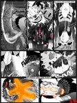 angry arcanine battle bluebean bodily_fluids body_horror caption_box comic curved_text death duo english_text feral fire flaming_text flash_effect focus_lines generation_1_pokemon genitals hi_res impact_lines male monochrome nintendo page_number parallel_speed_lines pokemon pokemon_(species) pokemon_move pussy radial_speed_lines scyther speed_lines spot_color stylized_text tentacles text text_box violence white_eyes