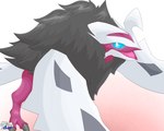 ambiguous_gender anthro claws feral fur hair looking_at_viewer open_mouth simple_background smile solo tail white_body wings drayyko nintendo pokemon generation_6_pokemon legendary_pokemon pokemon_(species) shiny_pokemon yveltal absurd_res digital_media_(artwork) hi_res shaded signature