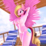1:1 3d_(artwork) anthro anthrofied areola bangs beach beach_chair belly big_breasts big_tail blonde_hair breasts butt casual_nudity closed_smile clothing colored curvy_figure cutie_mark digital_media_(artwork) eqamrd equid equine eyebrows eyelashes female friendship_is_magic hair hand_behind_head happy hasbro horn hourglass_figure long_hair looking_aside mammal mouth_closed multicolored_hair my_little_pony mythological_creature mythological_equine mythology navel nipples nude outside patreon patreon_logo pink_body pink_horn pink_skin pink_wings pose princess_cadance_(mlp) purple_eyes sky smile solo spread_wings standing summer tail text unicorn_horn url winged_unicorn wings