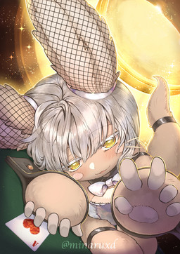 5_fingers accessory ace_of_hearts anthro bedroom_eyes blush blush_lines bow_tie breasts bunny_costume card casino casino_table clothing collar costume cuffs_(clothing) eyebrow_through_hair eyebrows eyelashes female fingers fishnet_clothing fluffy fluffy_chest fluffy_ears fluffy_tail fur furgonomics gold_background hair half-closed_eyes kemono legband lying multicolored_body multicolored_fur narrowed_eyes on_side open_mouth open_smile pawpads playing_card reaching_towards_viewer seductive simple_background small_breasts smile smiling_at_viewer solo tail tail_accessory tailband tan_body tan_fur thick_thighs thin_eyebrows translucent translucent_hair whisker_spots white_body white_bow_tie white_eyelashes white_fur white_hair yellow_eyes minaruxd made_in_abyss nanachi narehate 2026 watermark
