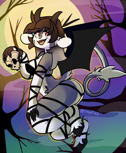 anthro areola areola_slip bone bra brown_hair clothed clothing countershading female female_anthro gradient_hair hair holidays hooves horn moon night open_mouth plant red_eyes ribbons skimpy skull solo tail tree underwear wings tiredfizz halloween bups bovid caprine demon goat mammal 2025 halftone hi_res