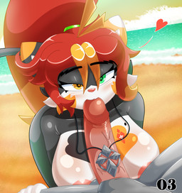 anthro beach bikini breasts clothing couples creases duo fellatio female genitals glans_in_mouth good_boy good_girl green_eyes hair kissing male male/female nipples oral orgasm penile penis penis_kissing pink_nipples pose red_hair romentic sex sucking_glans sunset swimwear two-piece_swimsuit yellow_eyes cranebear melicia_rossi_kiwameru felid feline lizardman mammal scalie absurd_res hi_res pinup