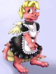 anthro apron biped blonde_hair blue_eyes clasped_hands clothed clothing collar countershade_tail countershading cute_fangs fangs female frilly frilly_apron frilly_clothing fully_clothed hair horn maid_uniform markings pink_body pink_markings slightly_chubby small_wings solo standing tail teeth uniform wings shockley23 dragon_tales mythology pbs cassie_(dragon_tales) dragon mythological_creature mythological_scalie scalie digital_media_(artwork) full-length_portrait portrait