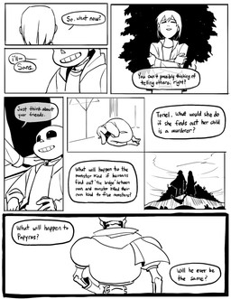 ambiguous_gender anthro bench bone clothed clothing dialogue duo female male manipulation manipulative murderer narrowed_eyes night open_mouth plant silhouette skeleton solo speech_bubble star text tree weapon newnap undertale undertale_(series) frisk_(undertale) papyrus_(undertale) sans_(undertale) toriel animated_skeleton boss_monster_(undertale) bovid caprine goat human humanoid mammal monster undead comic english_text hi_res monochrome