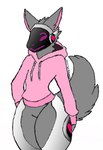 ambiguous_gender anthro big_tail clothed clothing fluffy fluffy_tail fur grey_body grey_fur heart_symbol hoodie machine pink_clothing pink_hoodie pink_topwear protogen_face protogen_visor purple_eyes purple_face purple_mouth purple_nose screen screen_face simple_background smile solo tail text thick_thighs topwear soultheprotogen soul_(soultheprotogen) protogen 2024 colored colored_sketch digital_drawing_(artwork) digital_media_(artwork) hi_res shaded signature simple_shading sketch