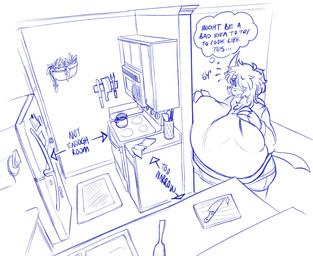 anthro big_breasts blush blush_lines bottomwear breasts clothed clothing dialogue directional_arrow female hand_on_breast hoodie huge_breasts hyper hyper_breasts kitchen shorts solo stuck text thick_thighs thought_bubble tired topwear lunarspy nintendo pokemon tia_(lunarspy) absol generation_3_pokemon pokemon_(species) english_text hi_res monochrome sketch