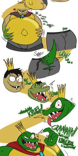 anthro armband belly belly_expansion belly_squish biceps breath butt butt_expansion cape clothing crown dialogue expansion gold_(metal) gold_jewelry green_body growth hands_on_own_belly headgear heart_symbol human_to_anthro identity_death jewelry male mind_control moobs muscle_growth musclegut muscular muscular_anthro muscular_male navel outie_navel overweight overweight_anthro overweight_male personality_change scale_growth scales sharp_teeth snout snout_growth solo species_transformation squish tail tail_growth teeth tf_into_fictional_character thick_thighs tongue tongue_out torn_clothing transformation transformation_sequence underwear undressing undressing_self weight_gain nessmond donkey_kong_(series) nintendo king_k._rool crocodile crocodilian human kremling mammal reptile scalie 2026 absurd_res digital_drawing_(artwork) digital_media_(artwork) hi_res sequence