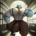 anthro arm_markings biceps big_biceps big_bulge big_muscles big_pecs big_tail blue_arms blue_face blue_feet blue_sclera blue_tail bottomwear brown_bottomwear brown_clothing brown_pants bulge button_(fastener) chest_markings clenched_teeth clock clothing detailed_bulge dress_shirt exclamation_point facial_markings facial_piercing feet genital_outline gold_(metal) gold_piercing hallway handbag head_markings holding_bag holding_object huge_bulge huge_muscles huge_pecs humanoid_hands hyper hyper_bulge hyper_muscles hyper_pecs inside looking_at_object looking_at_watch looking_at_wrist male markings motion_lines multicolored_arms multicolored_markings muscular muscular_anthro muscular_arms muscular_legs muscular_male muscular_thighs nipple_outline nipples nose_piercing nose_ring onomatopoeia pants pecs penis_outline piercing purple_arms purple_chest purple_markings purple_tail red_text ring_piercing running septum_piercing septum_ring sharp_teeth shirt solo sound_effects stomp_(sound_effect) suspenders tail tail_markings tan_arms tan_chest tan_markings tattoo teeth text thick_arms thick_thighs thoom topwear two_tone_chest two_tone_markings two_tone_tail walking watch white_clothing white_shirt white_text_border white_text_outline white_topwear wristwatch yellow_piercing tankh atlas_(fusion_h0ss) dinosaur prehistoric_species reptile scalie theropod tyrannosaurid tyrannosauroid tyrannosaurus tyrannosaurus_rex 1:1 2020 artist_name digital_drawing_(artwork) digital_media_(artwork) english_text hi_res signature