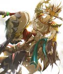 anthro armor arrow_(weapon) beak blue_body blue_feathers braided_pseudo_hair bridal_carry carrying_another duo fainted feathers male male/male ranged_weapon weapon white_body white_feathers wings irohanihotechi breath_of_the_wild nintendo the_legend_of_zelda revali teba_(tloz) avian bird rito