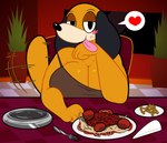 anthro big_breasts black_nose blush blush_lines breasts brown_clothing brown_topwear clothing cutlery female food fork inside kitchen_utensils looking_at_viewer narrowed_eyes orange_body pasta restaurant sitting sitting_at_table solo spaghetti tail tail_motion tailwag tongue tongue_out tools topwear ekkokenight duck_hunt nintendo duck_hunt_dog huntress_(lewdewott) canid canine canis domestic_dog mammal 2025 digital_drawing_(artwork) digital_media_(artwork) hi_res