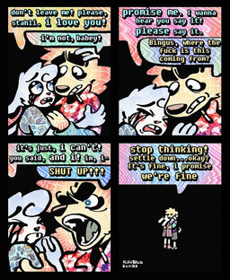 4_panel_comic aloha_shirt anthro bodily_fluids cheek_spots cigarette cigarette_in_mouth clothing crying dialogue duo ears_down fangs flip_flops floppy_ears footwear fur hug male object_in_mouth open_mouth overalls pattern_clothing pattern_shirt pattern_topwear pivoted_ears sandals shirt shoes smoking_tobacco sneakers speech_bubble tears teeth text tooth_gap topwear white_body white_fur wide_eyed yelling yellow_body yellow_fur rawdawgcomics bingus_(rawdawgcomics) stahli_(rawdawgcomics) bird_dog canid canine canis domestic_dog golden_retriever hunting_dog lagomorph leporid mammal rabbit retriever comic english_text hi_res