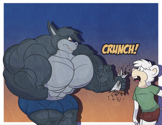 anthro big_muscles boxers_(clothing) boxers_only clothed clothing crunch duo huge_muscles hyper hyper_muscles male muscular muscular_male onomatopoeia size_difference sound_effects text topless underwear underwear_only vein veiny_muscles buffwolf14 asinus donkey equid equine mammal mouse murid murine rodent hi_res